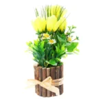 Aranjament flori artificiale 371KGY, pânză + plastic + lemn, lalele galbene