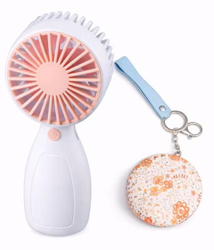 Set cadou vara ventilator de mana portabil 6 x 13.5 cm si Oglinda de buzunar cu breloc, model floral